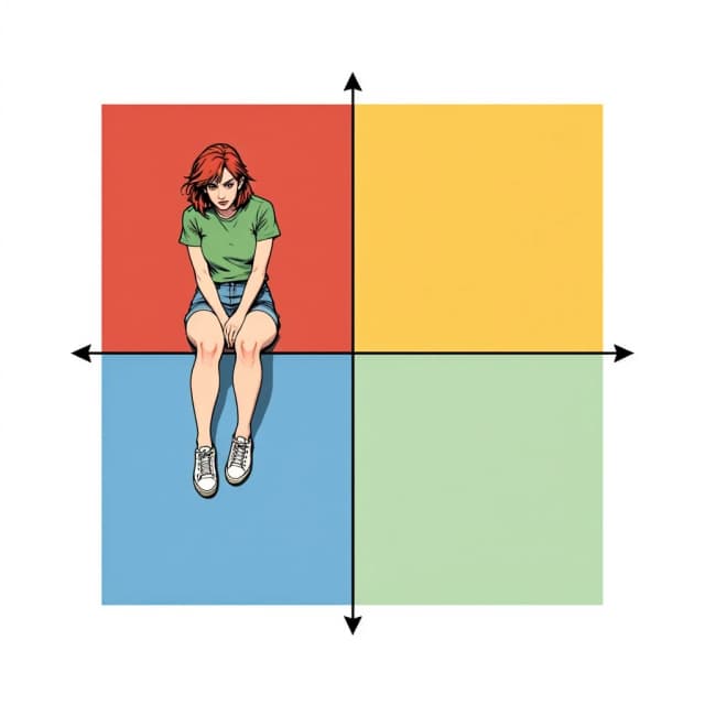 A clean flat geometric composition: four equal colored squares arranged in a 2x2 grid - dark red top-left, pale yellow top-right, blue bottom-left, pale green bottom-right - separated by thin straight black lines with arrow tips, on a plain white background. Pure abstract color blocks, minimal and uncluttered.

A red-headed woman with messy hair, green t-shirt, denim shorts and white canvas sneakers sits on the horizontal dividing line in the left half, clearly inside the dark red top-left square, her sneakered legs dangling down into the blue bottom-left square. Tired, slightly annoyed expression.

Cartoon style with bold thick black outlines, clean confident linework, flat saturated colors, minimal cel shading, expressive face, slightly disproportionate body with thin limbs. Digital illustration, high detail.

The image contains absolutely no text: no words, no letters, no labels, no captions, no numbers, no typography of any kind. All four squares are completely empty flat color.