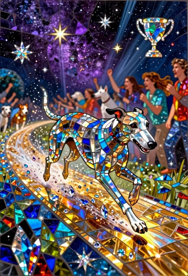 A breathtaking surreal mosaic mural rendered in the style of a luminous stained glass window, depicting a high-speed dog race. The entire scene is composed of countless tiny, iridescent crystal shards and colored glass fragments. The central focus is a sleek Greyhound, captured in mid-stride, its body a streamlined masterpiece of shimmering silver and electric blue glass tesserae. As the dog sprints, shards of crystalline light and prismatic sparks fly off its paws, creating a dynamic trail of glowing dust.

The racetrack is a floating ribbon of translucent gold and amber glass, suspended in a cosmic void. To the sides, a cheering crowd of other dogs is rendered as a vibrant blur of multi-colored glass fragments, their excitement captured in the fragmented, shimmering geometry of the mosaic. The background is a deep space of violet and obsidian glass, punctuated by holographic trophies and floating star-motifs crafted from diamond-like highlights.

The lighting is explosive and vibrant, with a powerful glow emanating from the track, casting sharp, iridescent reflections on the dogs' crystalline fur. Volumetric beams of light pierce through the scene, emphasizing the speed and the intricate, jewel-like texture of the mosaic. The overall mood is one of exhilarating energy and celestial competition.

Keywords: luminous stained glass mosaic, iridescent crystal shards, high-speed dog race, prismatic light trails, translucent gold glass, celestial competition, volumetric explosive lighting, surreal cosmic art.