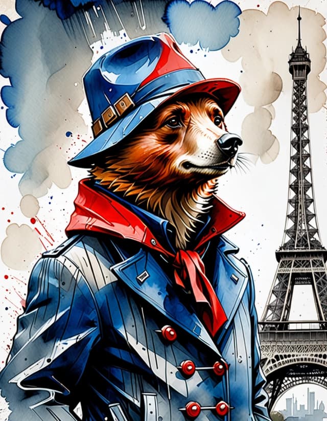 A masterpiece. Style: portrait watercolor. Depiction of Paddington the bear in a red hat and a blue jacket with characteristic fasteners against the backdrop of the Eiffel Tower. High quality. High resolution. Increased attention to fine details and texture. Author: Russ Mills. Aspect ratio: 3:4.