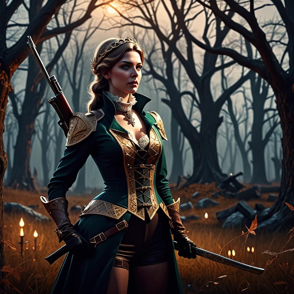Aristocratic Irresistible Female Hunter, Panorama, Gloomcore, pov, fine artistic composition, magical atmosphere, cinematic perfect intricate stunning fine detail, background inspired, ambient illumination, sublime, great composition, theatrical, illustrious quality