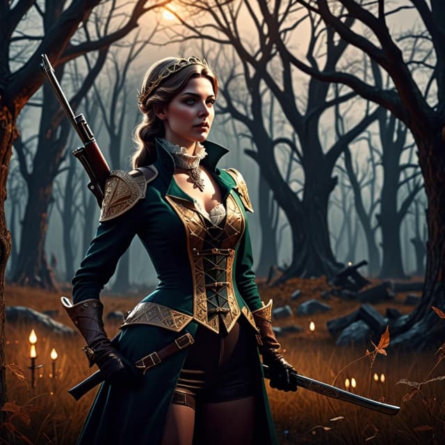 Aristocratic Irresistible Female Hunter, Panorama, Gloomcore, pov, fine artistic composition, magical atmosphere, cinematic perfect intricate stunning fine detail, background inspired, ambient illumination, sublime, great composition, theatrical, illustrious quality