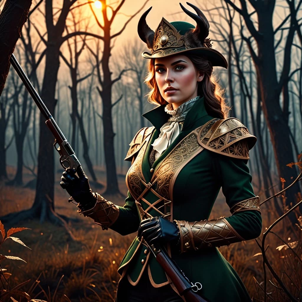 Aristocratic Irresistible Female Hunter, Panorama, Gloomcore, pov, fine artistic composition, magical atmosphere, cinematic perfect intricate stunning fine detail, background inspired, ambient illumination, sublime, great composition, theatrical, illustrious quality