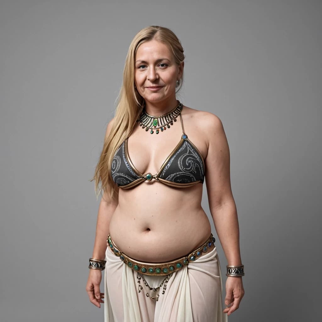 front view chubby belly dancer thirty years woman in black and grey and white costume blonde long ponytail hair stand in hall