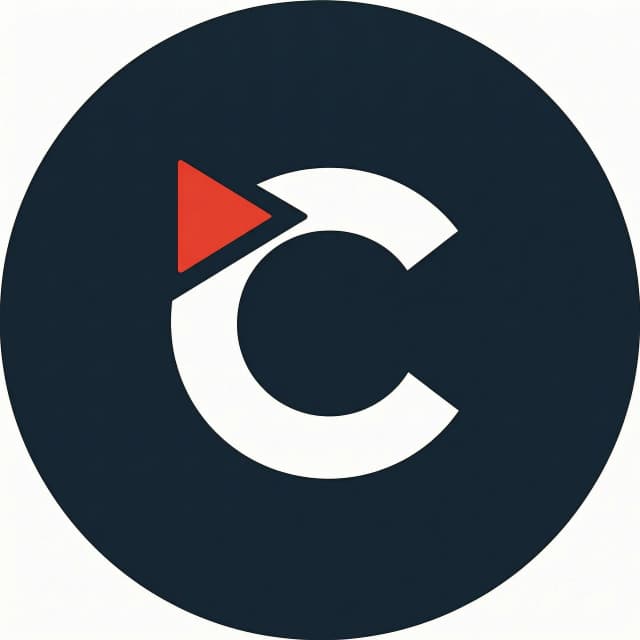 Create a minimalist circular logo for “ClipVault”.
Dark navy background, white letter C, small red play-button accent,
high contrast, no small text, clean modern media brand style.