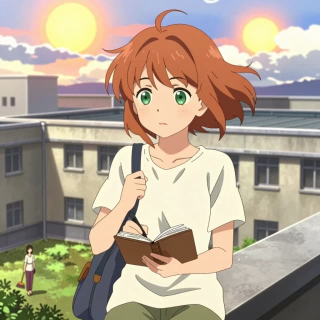 Anime-style portrait, medium close-up, modern Japanese animation style. A young girl with short, slightly tousled chestnut hair and calm green eyes. She’s in a hurry but not panicked: one hand holds the strap of a small bag, the other scribbles something in a tiny notebook.«аниме-стиль, Лиэде сидит на краю крыши сталинки, два солнца на фоне, облака плывут, ветер играет с её волосами, внизу — зелёный двор и женщина с метлой, мягкий тёплый свет, атмосфера уюта и спокойствия». И под каждую такую картинку — пара строк из дневника.