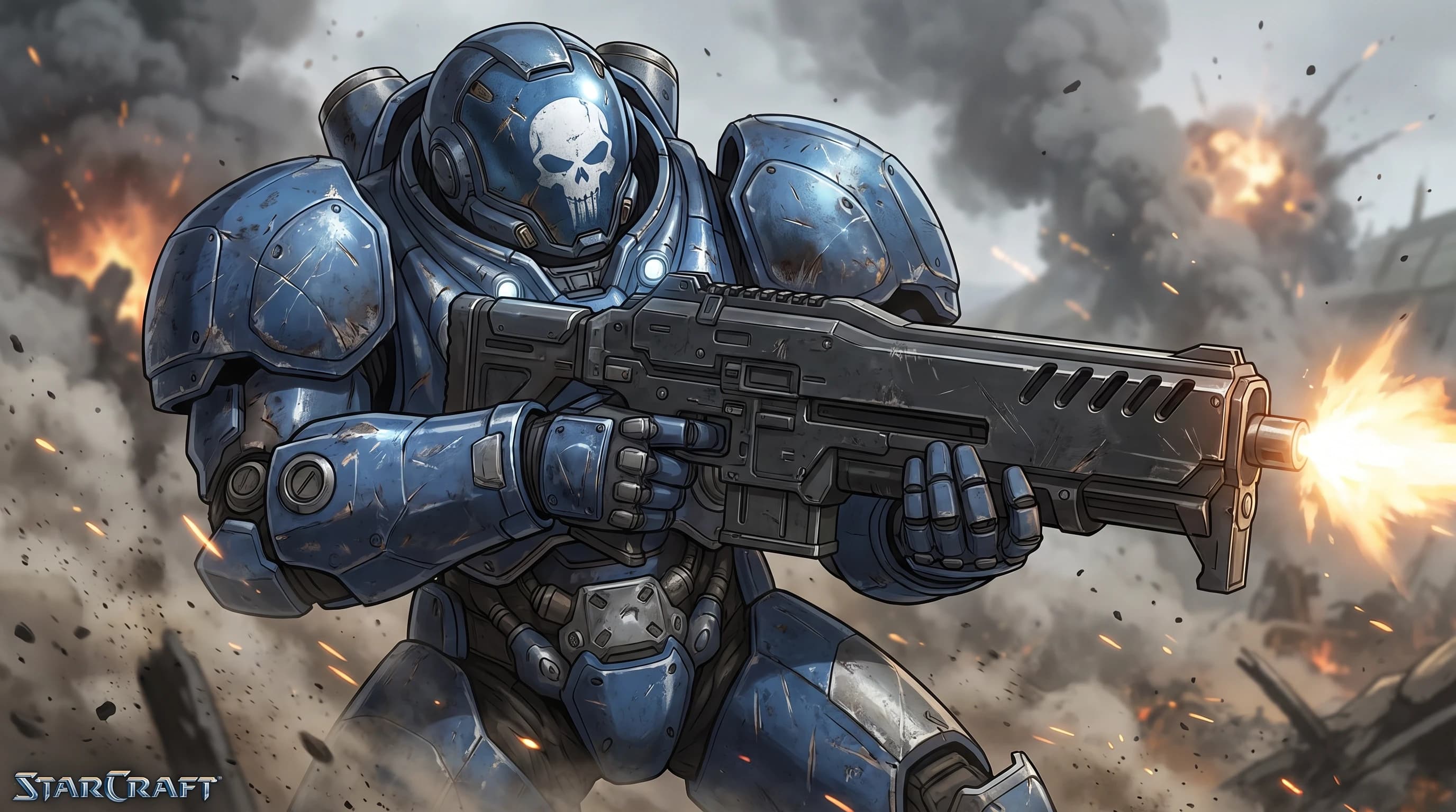 Экшн-боевик. Starcraft (игра), морпех в большой синей силовой броне (закрытый шлем с рисунком черепа), боевая стойка с штурмовой винтовкой, стреляет, стрельба, на фоне поля боя и взрывов, шедевр, крупный план, стиль аниме с реалистичными деталями, лучшее качество, лучшая детализация, ultra hd, 4k