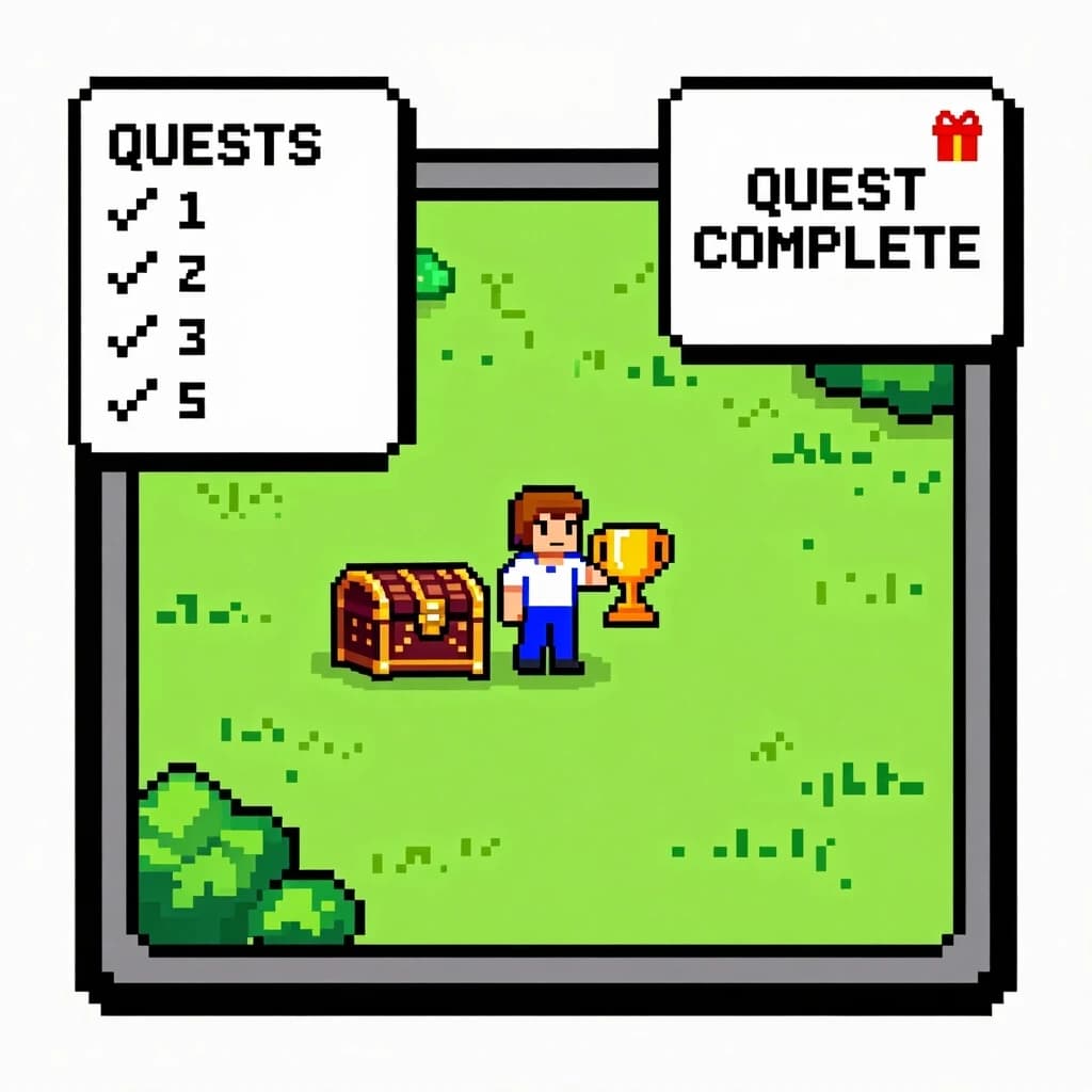 Интерфейс в стиле старой компьютерной RPG-игры: на экране карта. Пиксельный герой стоит возле сундука и поднимает трофей. В углу — список выполненных заданий, все с галочками. Всплывает уведомление «QUEST COMPLETE» и значок подарка. Сам фон изображения - белый