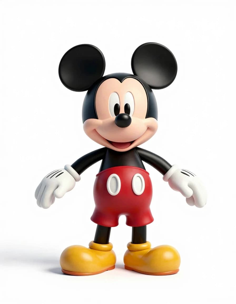 A full-length shot of the classic Mickey Mouse standing in a strict pose of the letter "T", legs shoulder-width apart, arms spread apart, on a pure white background, studio lighting, highly detailed 3D rendering, clear character design for rigging into a 3d model