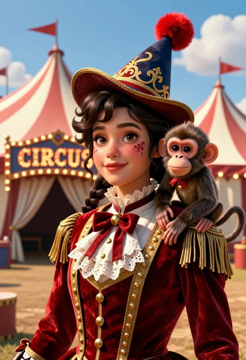 Create a cinematic, photorealistic 3D illustration in the style of a frame from a high‑budget circus film — a close‑up of a young performer against the backdrop of the main tent. In the center is a girl with an expressive gaze and a gentle smile; she has wavy dark hair braided into a plait, and her face is adorned with delicate circus makeup featuring scarlet accents. She is wearing a luxurious Victorian‑style suit: a scarlet velvet jacket with gold trim, buttons, and fringe, a white blouse with lace, and on her head — a pointed hat with a red pom‑pom and ornate gold embroidery.
A small monkey in a miniature stage outfit with decorative elements is nestled comfortably on her right shoulder; the animal’s gaze is curious, and its posture is relaxed.

In the background — a majestic circus tent with a red‑and‑white striped design and a richly decorated facade; above the entrance — a large illuminated sign reading “CIRCUS” in a retro style; along the perimeter — garlands with warm light bulbs, flags on flagpoles, and light draperies. The sky is bright blue with fluffy white clouds; the lighting is sunny, with soft golden highlights on the fabric and skin, and delicate shadows that emphasize the volume.

Detail every button, the texture of the velvet and lace, the fluff on the pom‑pom, the individual hairs in the monkey’s fur, the shine of the gold trim, the folds of the draperies. The palette is rich, with a dominant use of scarlet, cream, gold, and deep blue.