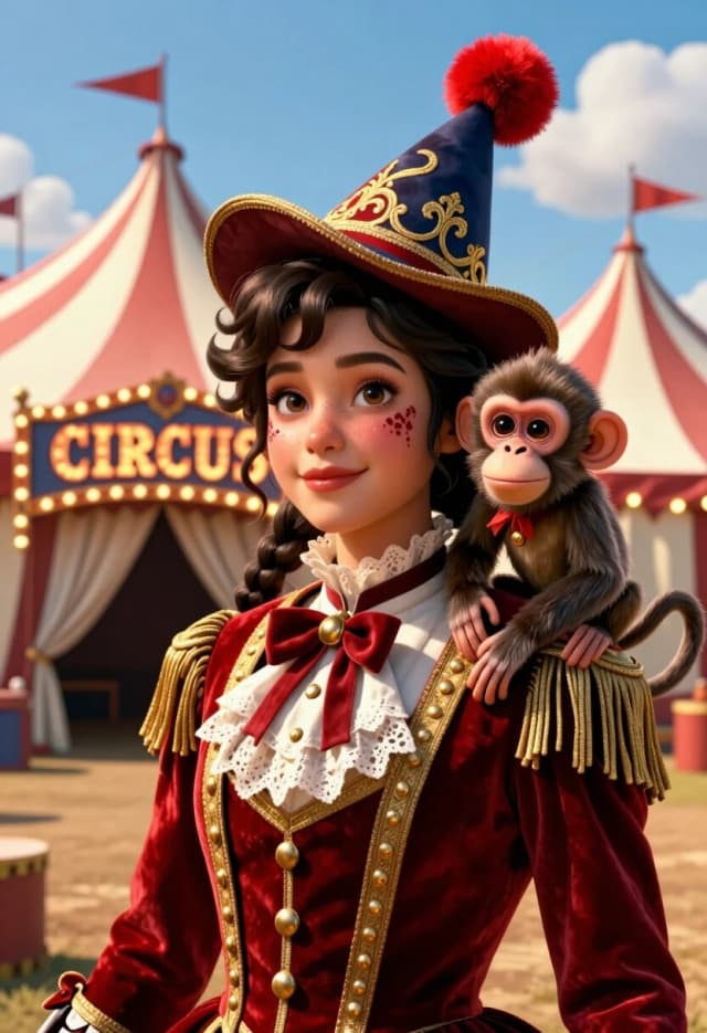 Create a cinematic, photorealistic 3D illustration in the style of a frame from a high‑budget circus film — a close‑up of a young performer against the backdrop of the main tent. In the center is a girl with an expressive gaze and a gentle smile; she has wavy dark hair braided into a plait, and her face is adorned with delicate circus makeup featuring scarlet accents. She is wearing a luxurious Victorian‑style suit: a scarlet velvet jacket with gold trim, buttons, and fringe, a white blouse with lace, and on her head — a pointed hat with a red pom‑pom and ornate gold embroidery.
A small monkey in a miniature stage outfit with decorative elements is nestled comfortably on her right shoulder; the animal’s gaze is curious, and its posture is relaxed.

In the background — a majestic circus tent with a red‑and‑white striped design and a richly decorated facade; above the entrance — a large illuminated sign reading “CIRCUS” in a retro style; along the perimeter — garlands with warm light bulbs, flags on flagpoles, and light draperies. The sky is bright blue with fluffy white clouds; the lighting is sunny, with soft golden highlights on the fabric and skin, and delicate shadows that emphasize the volume.

Detail every button, the texture of the velvet and lace, the fluff on the pom‑pom, the individual hairs in the monkey’s fur, the shine of the gold trim, the folds of the draperies. The palette is rich, with a dominant use of scarlet, cream, gold, and deep blue.