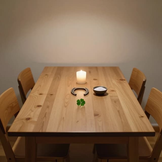 Minimalist conceptual photography of a wooden table with a single four-leaf clover, a small horseshoe, and a tiny bowl of salt arranged neatly in the center. Around the table, four empty chairs. The room is silent and softly lit by a single candle.  Philosophical, minimal, warm tones, 4:5 aspect ratio.