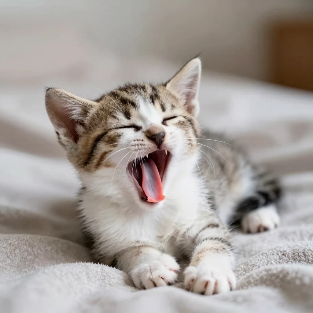 kitten closed its eyes and yawns, lying on the blanket