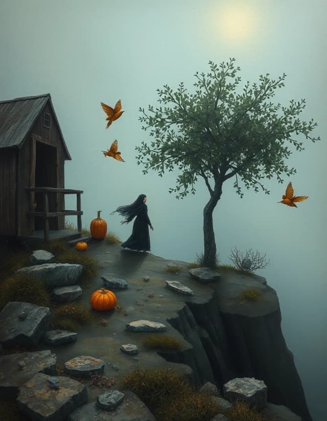 The last day in life, surreal,whimsical, The last day in life, surreal,whimsical, emotional, perfect details, insane detail, foggy, Soft and dreamy, omg how beautiful, Iustration, detailed , oil painting style, in the style of Leonora Carrington, eerie cinema, minimalist luxury, masterpiece artwork, textured. award- winning art, museum- quality. surprise me and create the perfect tecnic picture ,dreamlogic,