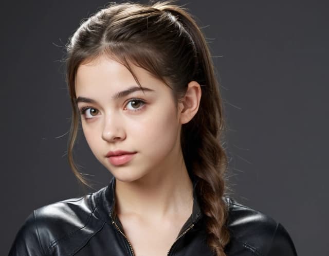 India Joy Eisley in 19 years old as Kitty Pryde from X-men in superhero suit, ponytail hairstyle