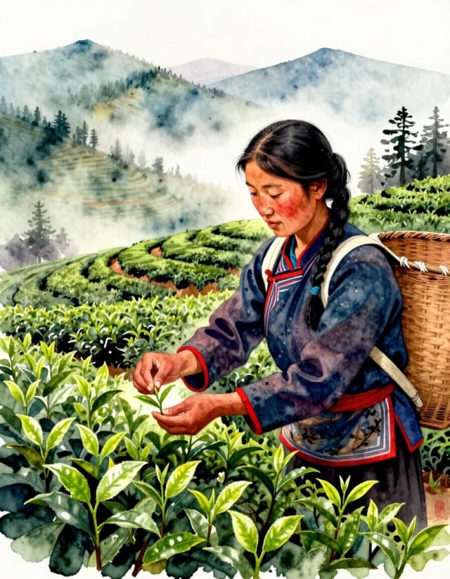 A masterpiece. Create an image. Style watercolor painting. (( Tea plantations in the morning haze in the mountainous landscapes of Tibet. A young Chinese woman with a basket on her shoulders collects a tea leaf and hands it to:1.6)). High resolution, high detail and clear texture. Close-up. High quality. Increased attention to small details. The aspect ratio is 3:4. The artist is Levitan.and Bitcoin