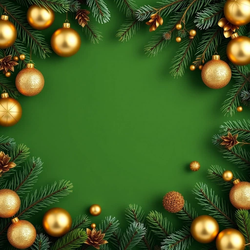 Christmas decorations wallpaper. Green natural background with gold ornaments. There should be a free space in the center.