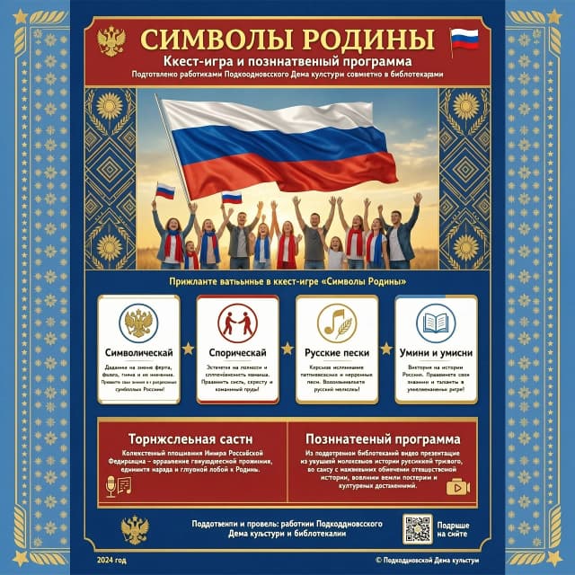 Работники Подколодновского Дома культуры совместно с библиотекарями подготовят и проведут познавательную программу, которая поможет глубже понять значение государственных символов России и почувствовать гордость за свою страну.
Из подготовленной библиотекарями видео презентации, присутствующие узнают  многовековую историю российского триколора, его связь с важнейшими событиями отечественной истории, военными победами и культурными достижениями.
Будет предложено принять участие в квест‑игре «Символы Родины», где участники смогут проявить свои знания, таланты и командный дух на станциях:  «Символическая»: задания на знание герба, флага, гимна и их значения; «Спортивная»: эстафеты на ловкость и сплочённость; «Русские песни»: хоровое исполнение патриотических и народных песен;  «Умники и умницы»: викторина по истории России.
Торжественная часть: коллективное исполнение Гимна Российской Федерации — как выражение гражданской позиции и единства
