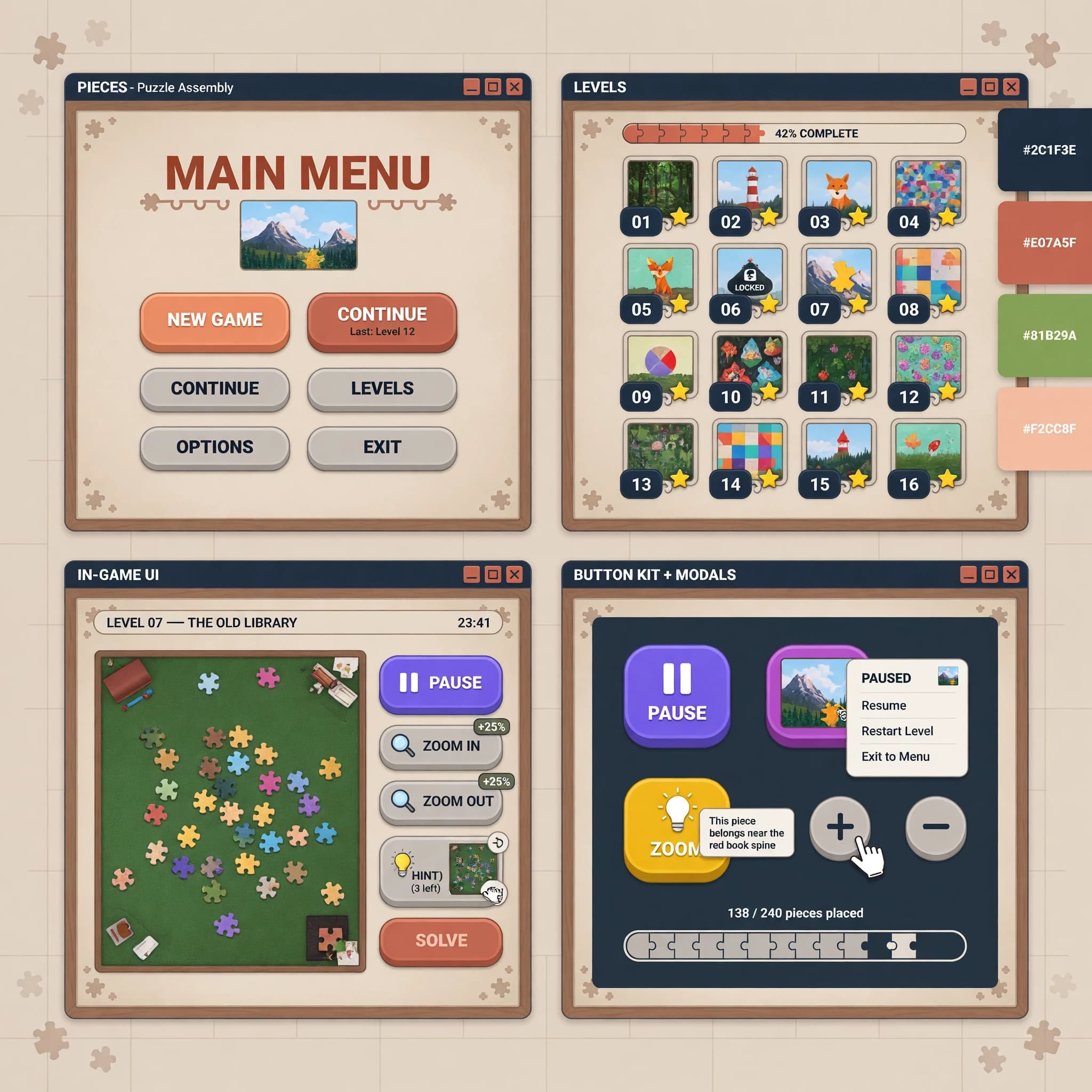 Нарисуй ui kit для пк головоломки пазл,. Чтоб было главное меню, уровни, кнопки пауза увеличения подсказка.