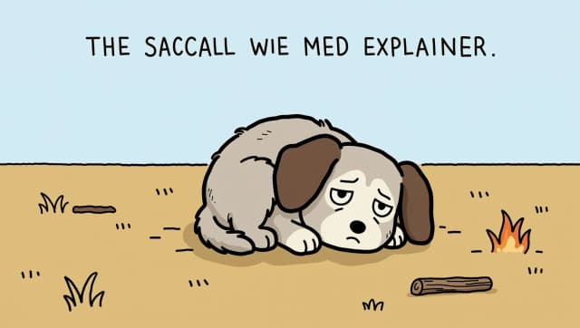 A flat tan ochre ground under a pale sky blue sky, simple fully colored background with a clear horizon line. A small fluffy puppy with a flat light gray-brown coat, slightly darker brown ears, oversized paws, floppy ears and a round black dot eye lies curled up on the ground, looking sick and weak, its eye half-closed with a droopy eyelid line and sad slanted eyebrows. flat 2D hand-drawn cartoon illustration in a simple webcomic explainer style, clean slightly wobbly black ink outlines of even medium thickness on every shape, stick-figure characters with thin single-line black limbs, tiny line fingers and large perfectly round white heads with small solid black dot eyes and simple expressive line eyebrows and mouth, animals drawn with simplified natural proportions in side view with one flat fur color, a slightly darker accent tone and short texture strokes along the fur edges, flat solid color fills with no gradients, no shading, no cast shadows, no glow and no lighting effects, only sparse short hand-drawn texture strokes on fur, dry grass and wood, muted warm earthy palette of pale sky blue, tan ochre, straw yellow, warm brown, dark chocolate brown, bone cream, stone gray, taupe, rust red ochre and soft green with small orange-yellow fire accents, any text written in thin black hand-lettered uppercase marker letters, calm uncluttered composition with one main subject and only a few props, generous empty space, 16:9 horizontal composition, centered subject, plenty of empty negative space