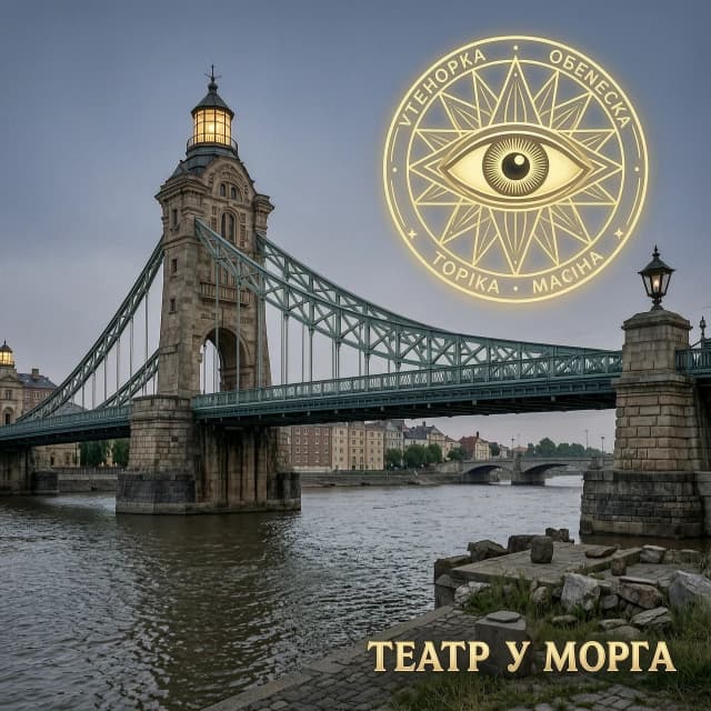 Мост, театр -маяк , всевидящее око, мистика,изотерика. Маленькая надпись -"Театр У Моста"