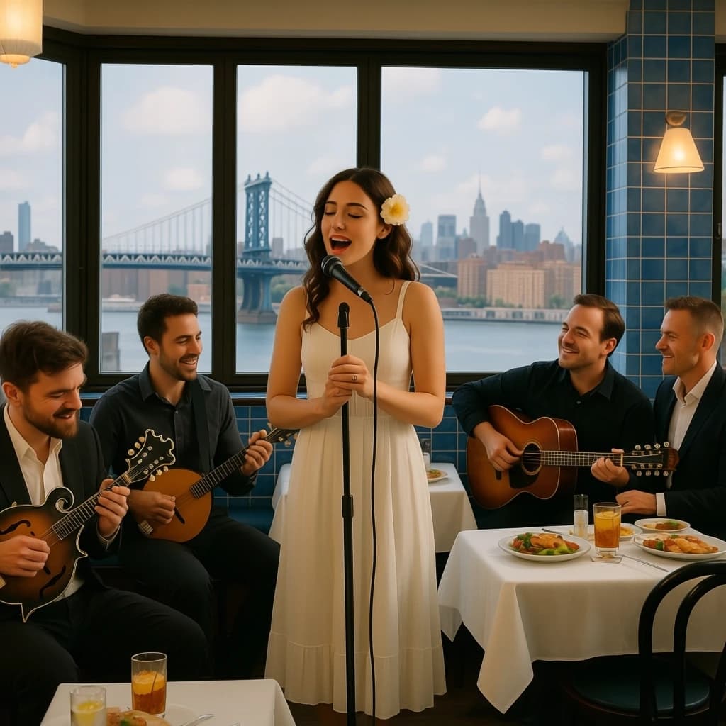 The image shows a group of people in a restaurant with a beautiful view of the city. The restaurant has blue and white tiles on the walls and a large window that offers a panoramic view of a bridge and buildings. In the center of the image, there is a woman in a white dress with a flower in her hair, singing into a microphone. To her left, there are two men playing mandolins, one playing a mandolin and the other playing a guitar. To the right, two men are playing guitars, and there are plates of food and drinks on the table in front of them. The overall atmosphere of the restaurant is romantic and lively.