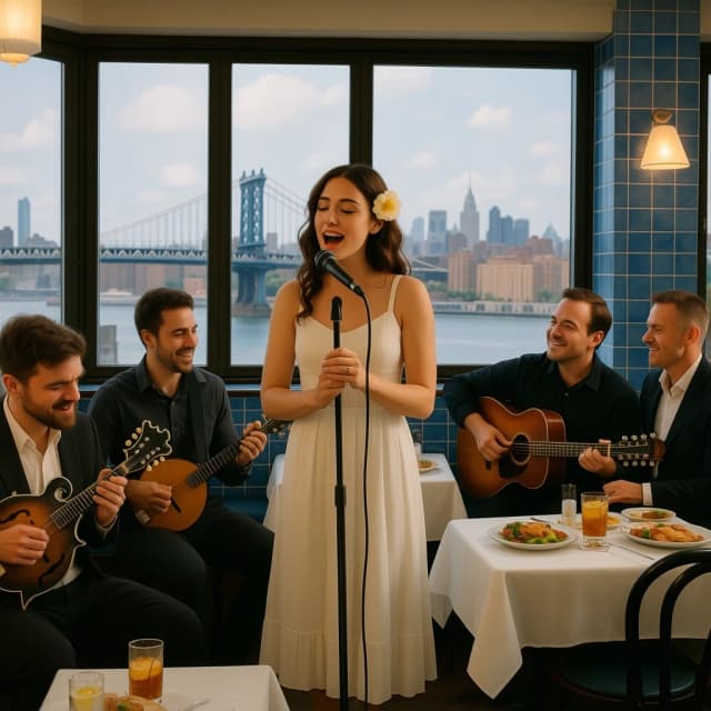 The image shows a group of people in a restaurant with a beautiful view of the city. The restaurant has blue and white tiles on the walls and a large window that offers a panoramic view of a bridge and buildings. In the center of the image, there is a woman in a white dress with a flower in her hair, singing into a microphone. To her left, there are two men playing mandolins, one playing a mandolin and the other playing a guitar. To the right, two men are playing guitars, and there are plates of food and drinks on the table in front of them. The overall atmosphere of the restaurant is romantic and lively.