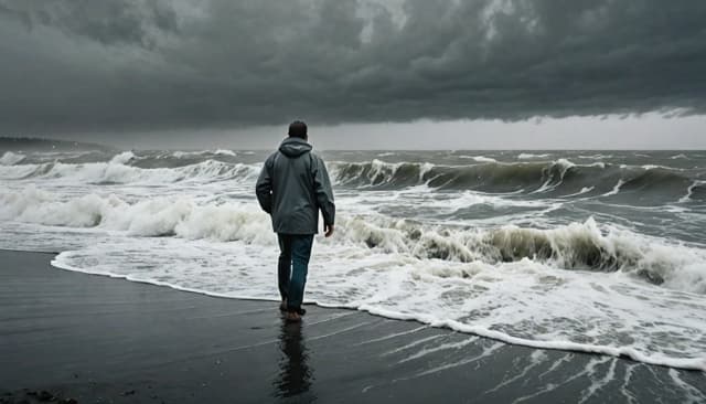 Берег океана. Бушующие волны. Мужчина идет вдоль кромки воды. Серое грозовое небо, густой туман.