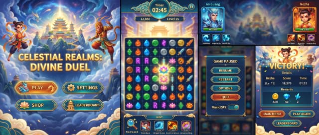Нарисуй ui kit для мобильной игры  в три вряд, в стилистике современной китайских богов. Чтоб входила первый главное меню с фоном и название, меню паузы, игровое поле с двумя противниками в разных углах с портретами и скилами, кнопка подсказки, в игровом поле добавить кристалл что служит победой, таймер времени над игровым полем, меню вы выиграли.