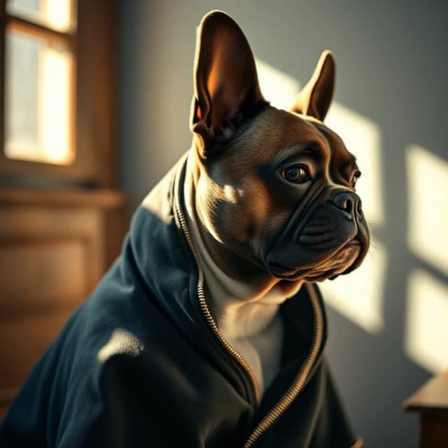 (by Jack Hughes:1.0) , Dutch angle shot of a French Bulldog of Conflux, Unique, in Dull robe, Looking away, Sunny, soft focus, Ultrarealistic, Reflected light, Selective focus, shiny, pure, magnificent, complex, very coherent, highly detailed, fertile, sharp focus
