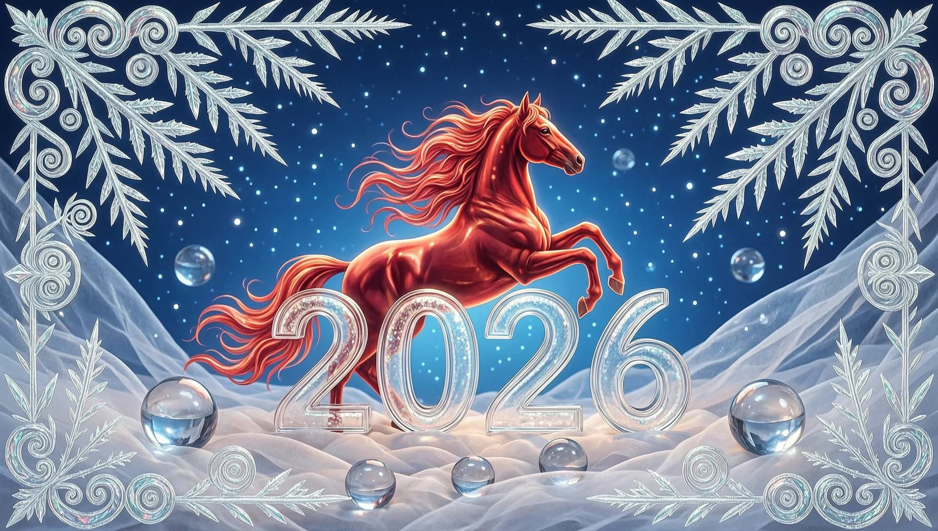 In the double exposure style. An ephemeral mythical creature in the form of a beautiful scarlet fiery horse with a long wavy mane collects the word "2026" from glass letters. In a jump. Background: bright blue night sky with grandiose continuous ornamental frosty patterns, zigzags, spirals of frost. Needles, transparent glass balls, silk, tulle. 
In the "Glitter" style: magical realism, natural symphony, shapes dissolve into color, lines flow like water, translucent layers with a watercolor texture, intricate ornaments at the corners of the composition.
Iridescence, lace, entourage, fantastic plot, New Year's tale, magic, whimsicality, originality. High detail, cinematic lighting, solemn festive atmosphere, realistic.