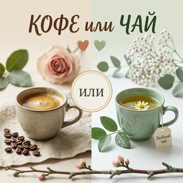 Фотореалистичная композиция «КОФЕ или ЧАЙ» в стиле hygge, пастельная палитра, мягкий свет, 8K.

Кадр поделён пополам: слева — красивая кружка с кофе, кофейные зёрна, льняная ткань, на заднем плане размытый цветок с зелёными листьями; справа — чашка с зелёным чаем, чайный пакетик, веточка зелени, на заднем плане размытый цветок гипсофилы.

Текст: вверху курсивом — «КОФЕ или ЧАЙ»,  ниже - сердечки под кофе и чай, по центру — круг с надписью «или». Внизу — веточка

Сбалансированная композиция, проработанные текстуры, уютная атмосфера.