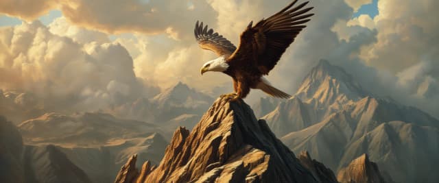 A masterpiece. Oil painting. A proud eagle soars above the peak. Increased attention to small details. Close-up. Danish angle. Octave filter. High resolution. 8K. Style: Vrubel, Titian.