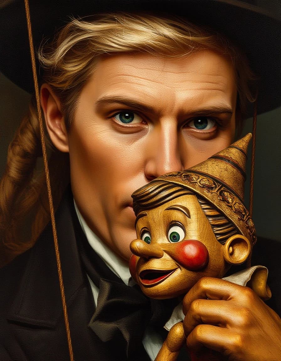 A masterpiece. Style:oil painting. (Image. A handsome traveling puppeteer, blond, clear features and expressive eyes, with a wooden Pinocchio puppet.):1.8. Intense close-up. High quality. High resolution. Increased attention to the fine details and texture of the wooden Pinocchio. The artist is Russ Mills.