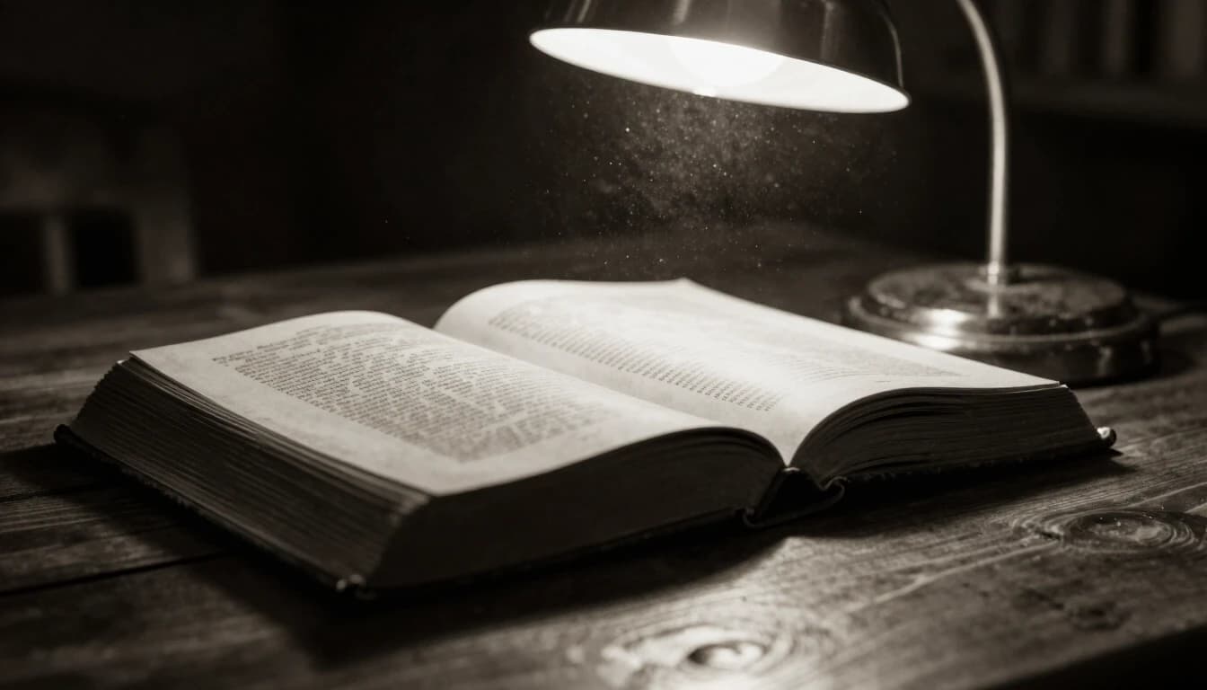 Close-up of old book on wooden desk, dim reading lamp, dust particles, quiet contemplative mood, sepia tone