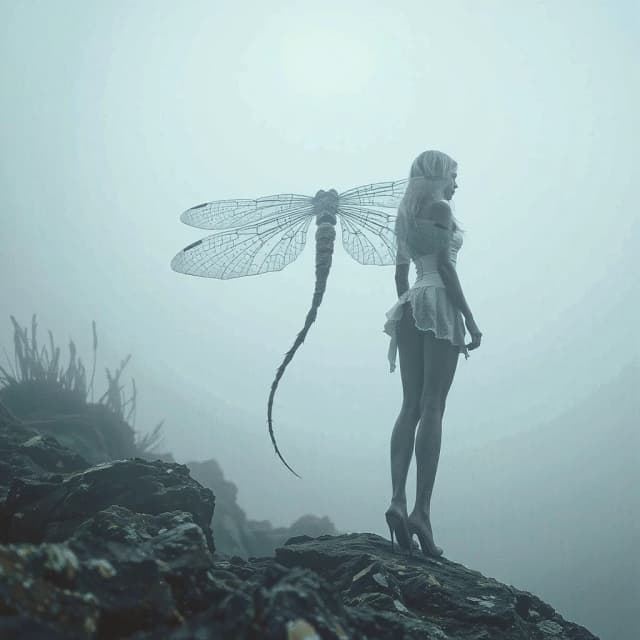 Cinematic wide shot, full-body character study. A wandering girl with translucent, dragonfly-like wings, too delicate and fragile for long-distance flight, visible thin veins in the wings. Her legs are slender, elegant, but visibly tired, dusty and calloused, standing on a rocky misty shore.

The key focal point is her tail: It is not flesh, but a thick cluster of living, long feather-anemones, bioluminescent and translucent, constantly swaying and undulating even in completely still air. The tail curls and turns like a living radar locator, pointing forward into the fog.

Narrative detail: The feathers at the tip stand on end (sensing an incoming storm), while the lower feathers lie flat along the wind, pointing towards a distant safe haven. The tail acts as her true guide, smarter than her intuition, leading her through the mist while she mechanically moves her tired feet.

Atmosphere: Dense fog, mystical swamp or coastal cliffs, cold blue and muted teal color palette, eerie silence, volumetric fog, hyper-detailed feathers, fantasy realism, ethereal, moody, sharp focus on the tail and feet, soft blur on the background. --ar 16:9 --style raw --v 6.0