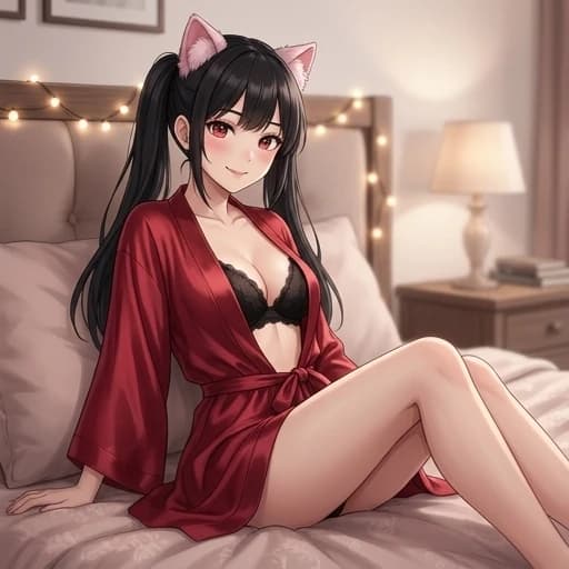 NSFW,anime,style,big boobs,A young East Asian woman with long, black hair styled in pigtails and adorned with pink cat ears sits on a bed, her body angled towards the viewer in a slightly reclined pose. She wears a black lace bra and a flowing, deep red silk robe tied at the waist, revealing her legs. Her facial expression is a playful, inviting smile with bright red eyes and rosy cheeks. She has a slender build and is positioned in the center-left of the frame. Her orientation is a three-quarter view, looking directly at the viewer. The setting appears to be a bedroom with a headboard featuring decorative lights and a bedside table with a lamp in the background, creating a warm, intimate atmosphere. The lighting is soft and warm, highlighting her skin and the texture of the silk. The composition is a medium shot, with a shallow depth of field blurring the background. The overall style is anime-inspired with a touch of realism.