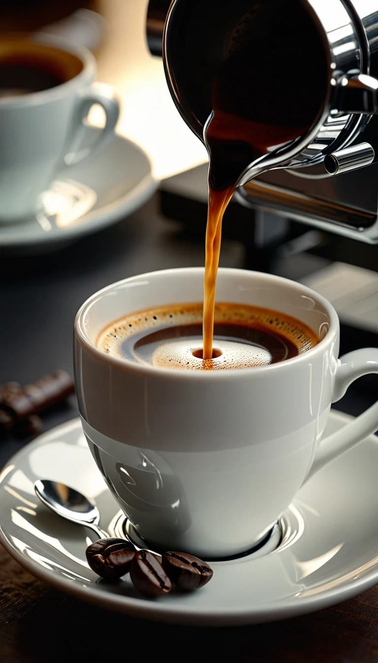 Cinematic premium coffee commercial, warm sophisticated atmosphere, realistic photography, shallow depth of field, beautiful natural morning light, subtle film grain, elegant camera movement.
Scene: freshly brewed espresso slowly pouring into a beautiful ceramic cup. Extreme close-up, rich crema forming on the surface, dramatic warm backlight, slow motion. Milk being poured into the coffee, creating an elegant latte art pattern. Smooth controlled movement, beautiful steam.
Mood: inspiring, warm, premium, comforting, sophisticated.