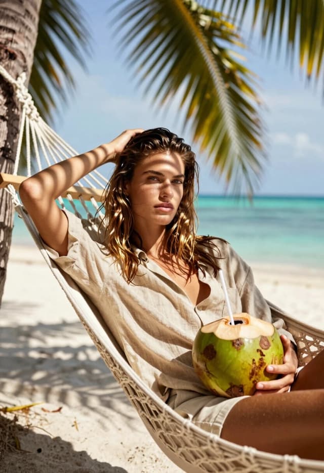 Ultra-realistic expensive tropical fashion shoot, vertical format 3:4. The model relaxes in a woven hammock under a palm tree on a white sandy beach. One hand is in their hair, the other holds a fresh green coconut with a straw. They wear a loose beige linen shirt and light shorts. Hair is worn down with a slight wet effect, falling naturally on the shoulders and shimmering in the sun — hairstyle and length exactly as in the reference. Gaze directed past the camera, calm and relaxed.

Bright natural sunlight passes through the palm leaves and creates beautiful striped shadows on the face, hair and clothing. Warm golden highlights, cool turquoise sea and blue sky in the softly blurred background. Palm trunk on the left, leaves framing the top of the frame, hammock running diagonally to the right.

Natural skin with visible texture, detailed linen, hammock weave and coconut surface. Shot on 85mm, shallow depth of field, sharp focus on the model and coconut, expensive color grading, premium resort campaign.