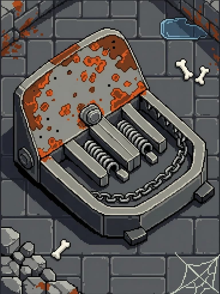 Pixel art of a medieval fantasy RPG iron bear trap, 64x64 resolution, low-res aesthetic, sharp clean edges, isometric view, heavy rusted metal texture with jagged serrated teeth, weathered iron material, dark dungeon floor background with subtle stone texture, dramatic top-down lighting creating high-contrast shadows, moody and dangerous atmosphere, high-quality sprite art, 8-bit aesthetic, vibrant but gritty color palette.