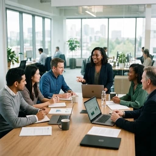 corporate meeting discussion, diverse team around a table, laptop and documents, bright office interior, candid medium shot