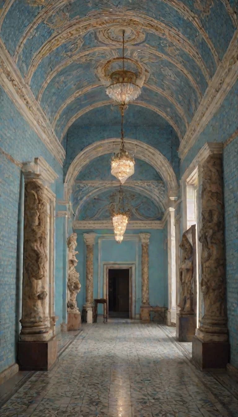 A large, semi-circular, white hall with no windows. Along the walls are sculptures depicting a ball on a very thin pillar. The walls are adorned with paintings depicting a ball on a pale blue background, with the surface of the ball covered in a mosaic pattern made up of numerous small black and mirror-like tiles, standing on a very thin pillar on a pale blue background. In the center of the hall is a holographic terminal. Standing near the terminal is a tall, muscular man in a flight suit without any insignia, accompanied by a 12-year-old boy. In the background, near the wall, a man in a silver-black suit is sitting on one of the soft chairs with a surprised expression on his face, while a young man in a flight suit with a thin sword on his belt is standing next to him. Above the holographic terminal, a three-dimensional image of the planet Earth is rotating, consisting of a mosaic pattern made up of numerous small black and mirror-colored tiles.