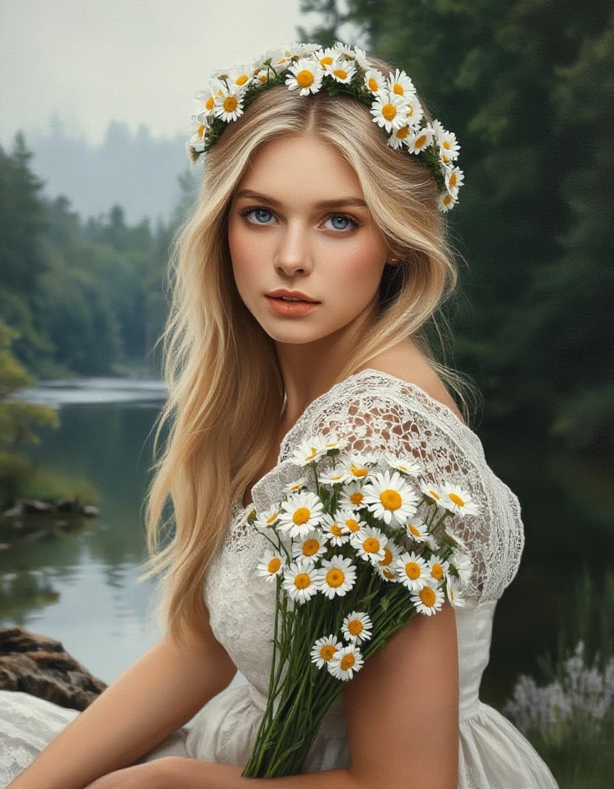 A masterpiece. Style: oil painting. (Image. How does artificial intelligence imagine: A beautiful Slavic girl, blonde with a wreath of field daisies, in a white lace dress sits on the riverbank with a bouquet of field daisies against the background of the forest. Expressive gray-green eyes, clear facial features, clear fair skin, head turn 3:4):1.8. Intense close-up.  High quality. High resolution. Increased attention to fine details and texture. The artist is Russ Mills.