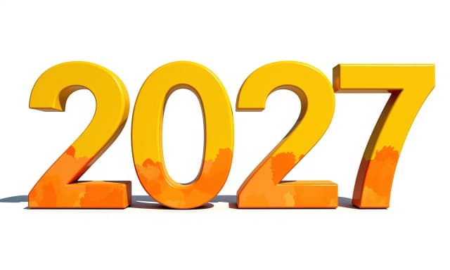 Крупные, чёткие объёмные цифры «2027» на изолированном чистом белом фоне. Каждая цифра «2», «0», «2», «7» написано идеально правильно и разборчиво. Мягкие округлые формы, плавные изгибы. Цифры окрашены в сочные оттенки теплого солнечно-жёлтого, лимонного и нежного оранжевого цвета с мягкими акварельными переходами. Изящный объём 3д, светлый и радостный летний стиль, шедевр, 8к