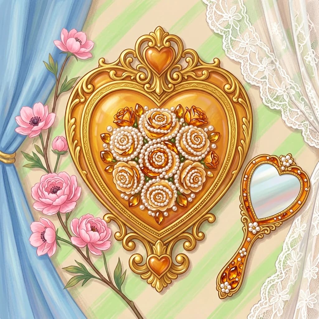 The image shows a bright and romantic illustration made in soft pastel colors. In the center of the composition is a large amber crest with a golden heart-shaped rim. Its surface is encrusted with a bouquet of roses made of pearls and amber. Image Details: Background: consists of diagonal stripes of light green on a beige background. White lace fabric is visible on the right, and blue drapery is visible on the left. Mirror: has an intricate gold frame with swirls and hearts. The mirror handle is decorated with amber patterns and small pearl flowers. Flowers: next to the mirror there are twigs with delicate pink flowers (probably peonies or anemones), which add airiness to the composition. To the right of the comb is an amber-framed mirror with a gold handle, also decorated in the shape of a heart. (Style): fantasy art, Baroque, art design, romance, close-up, still life, high quality, gradient, grace, Interior light, 4k, intricate details.