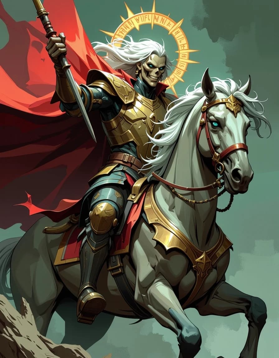 A masterpiece,  in the style of the 1980s, with bold lines, dynamic strokes and rich textures, on background with a touch of nostalgia, perhaps with subtle drawings inspired by cellulose and vintage, worn textures similar to paper,oil painting, A grim, majestic undead knight mounted on an armored warhorse, skeletal face with flowing white hair, ornate battered plate armor riddled with dents and rust, brass medallions and engraved filigree, a weathered blood-red banner streaming behind, a golden halo ring etched with runes glowing faintly behind the skull; the horse is pale with glowing icy blue eyes and matching ornate barding. Cinematic low-key lighting, strong rim light from halo, volumetric mist, muted desaturated greens and earthen browns with warm gold accents, subtle painterly brushwork, high-detail textures on metal, leather, bone and fabric, dynamic wind motion in hair and banner, three-quarter heroic composition, shallow depth of field, dramatic contrast, ultra-detailed, epic fantasy illustration, moody atmospheric background, filmic cinematic framing.. celshading, simple background