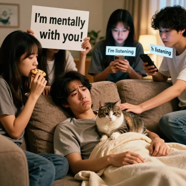 Cinematic humorous photorealistic shot of a young person lying on a cozy sofa under a blanket, looking sad and tired. Around them are friends who are "supporting" in comically ineffective ways: one holds a sign that says "I'm mentally with you!", another is eating the person's cookies, a third is scrolling on their phone saying "I'm listening", a fourth has a hand on the person's shoulder but is staring at a screen. On the sad person's chest, a fluffy cat sits, "supporting" them with its weight. The room is warm and messy. Playful, ironic, relatable, warm lighting, photorealistic, shallow depth of field, 4:5 aspect ratio.