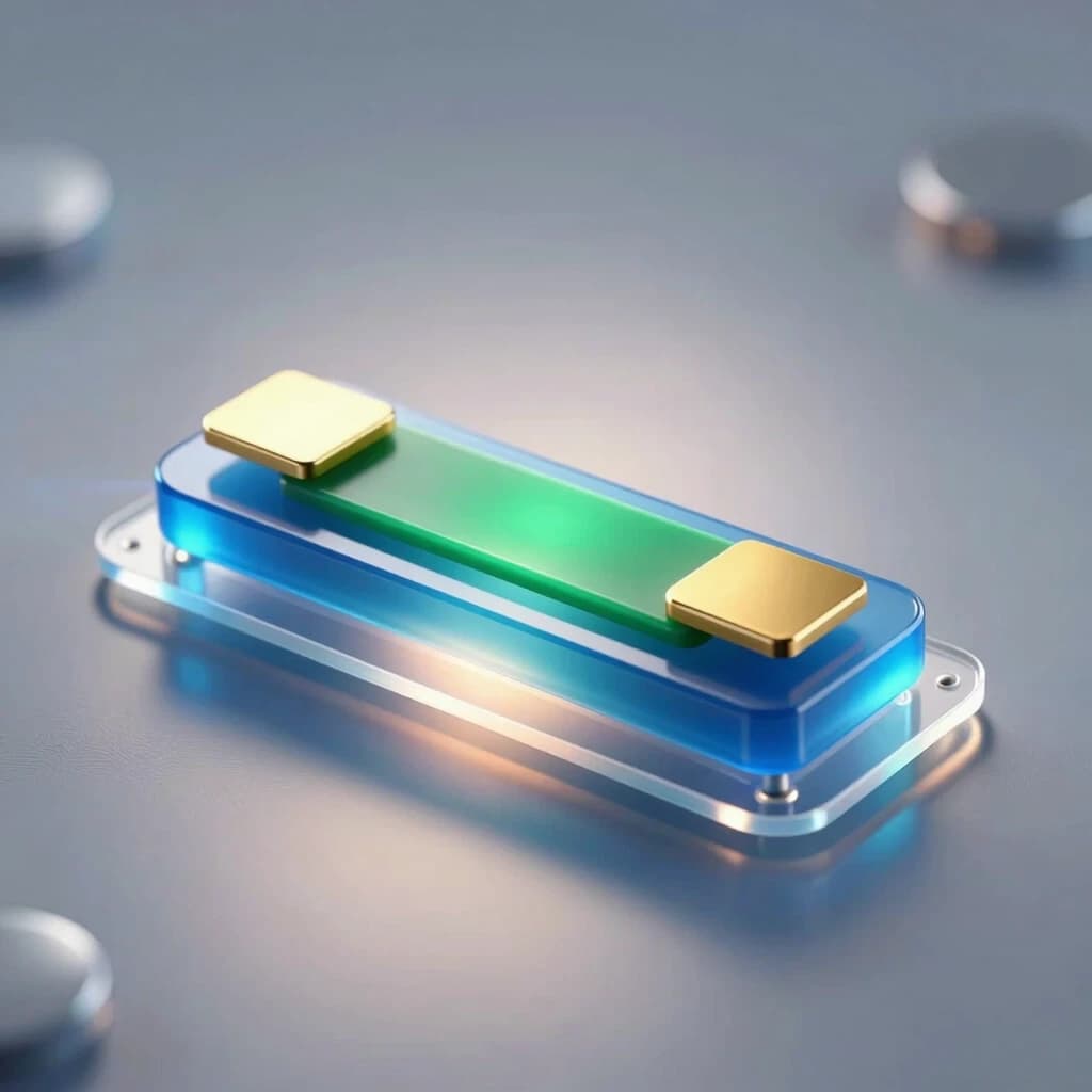 A hyper‑realistic scientific 3D illustration of a single organic field‑effect transistor with a bottom gate and top contacts of the following structure (thin layers from bottom to top): a flexible transparent polymer substrate, on top of it - a continuous aluminum gate layer covered by a thin translucent blue layer of aluminum oxide dielectric, a thin green single‑crystal organic semiconductor, on top of it - two flat gold contacts for the source (on the left) and the drain (on the right), with a distance between them that is 10 times greater than the thickness of the semiconductor layer. The device emits a slight internal glow, indicating the flow of current through the channel. Macro photography, extreme close‑up, shallow depth of field with focus on the active layers. Cold, directional studio lighting from above combined with soft backlighting from below through a substrate to accentuate the gate‑dielectric interface. Reflections with ray tracing, caustics, and electric field aura effects around the contacts. A clean, high‑tech atmosphere, a sterile environment, no contact pads. 8K resolution, complex microscopic details, photorealistic textures.