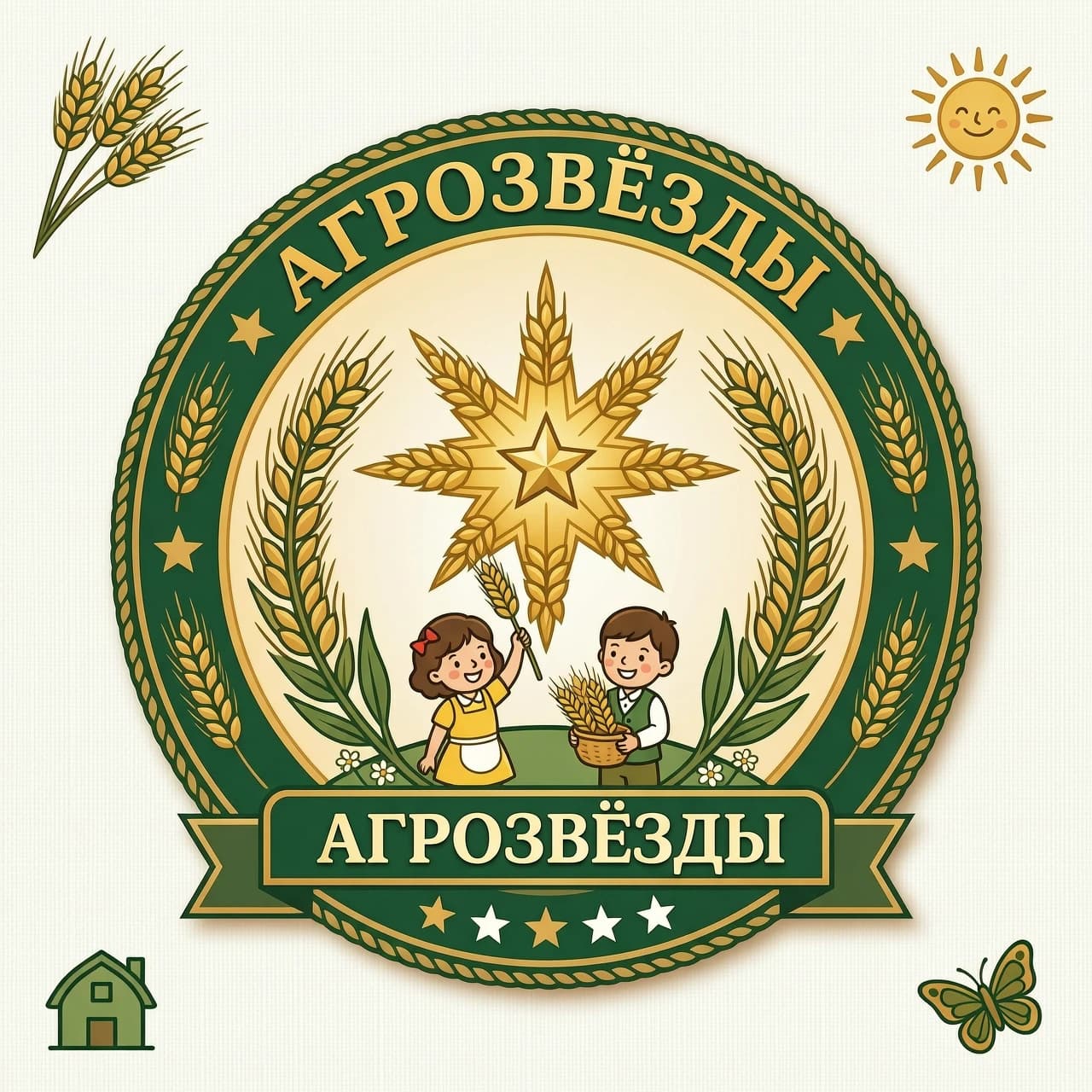 Эмблема с названием АГРОЗВЁЗДЫ. На эмблеме должна быть звезда, колосья ( Или звезда из колосьев), что- то сельскохозяйственное и могут быть дети.