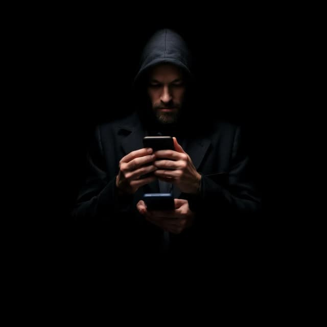 Создай обложку на которой на черном фоне стоит мошенник в руках сотовый телефон и он пытается тебя обмануть,в кинематографическом стиле