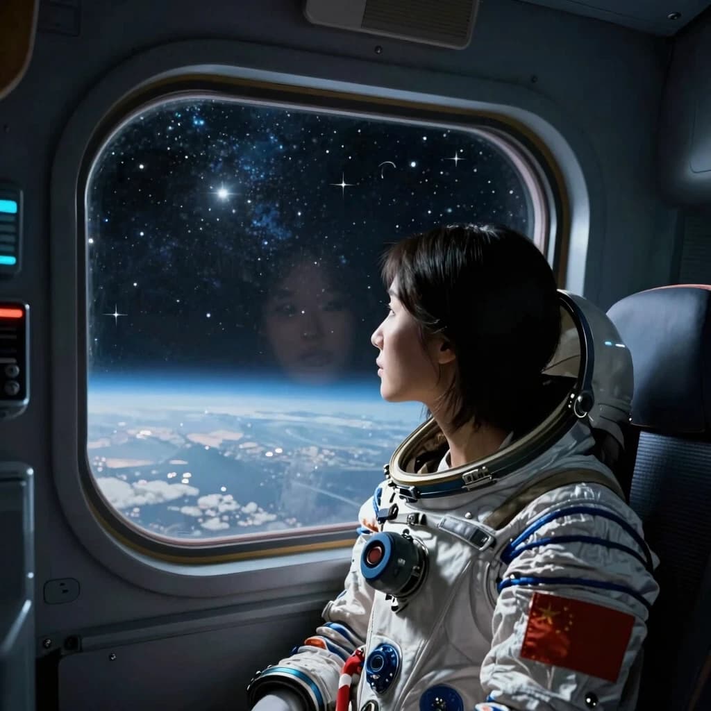 girl looks out the window of a spaceship stars all around